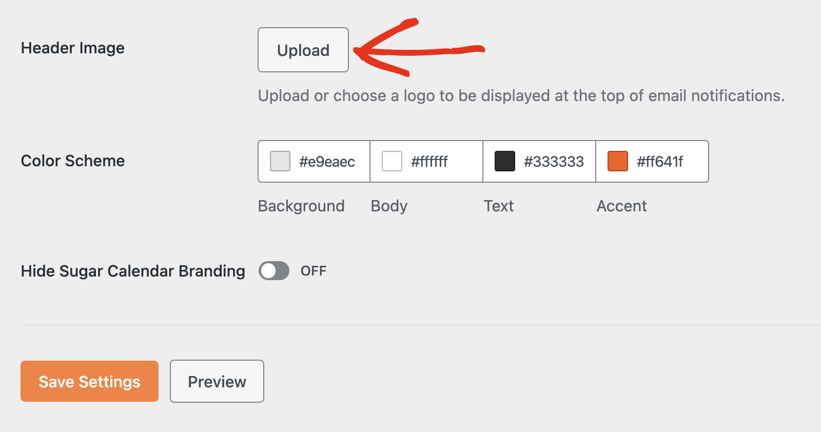 the Header Image control with a logo selected and the Header image size dropdown open showing Small, Medium, and Large