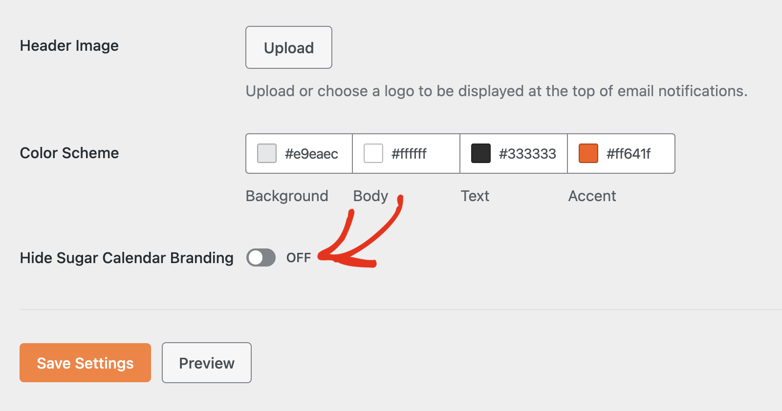 the Hide Sugar Calendar Branding toggle