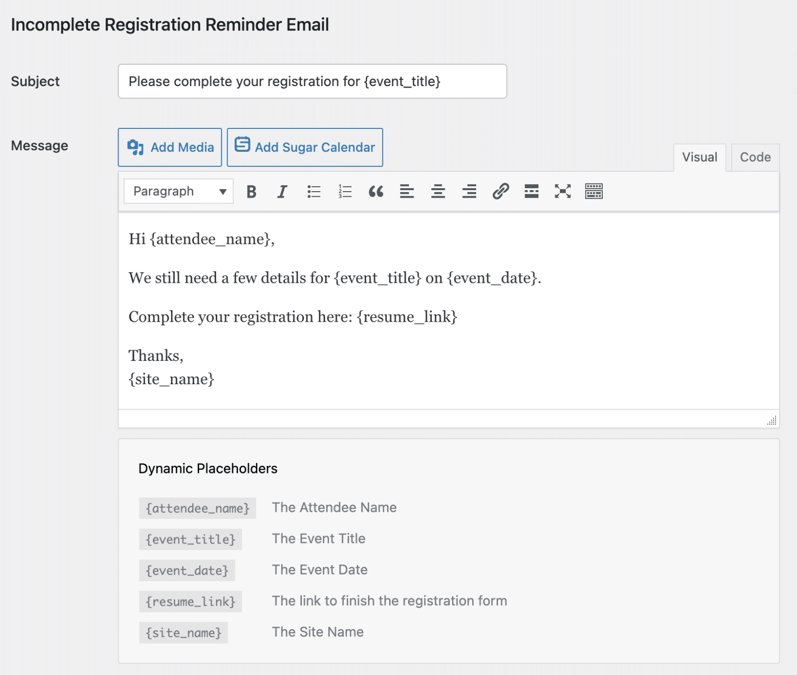 Incomplete Registration Reminder email editor