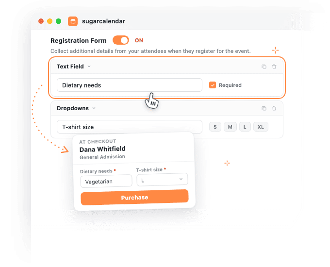 Building a WordPress event registration form on an event, and the same two questions reaching an attendee at ticket checkout