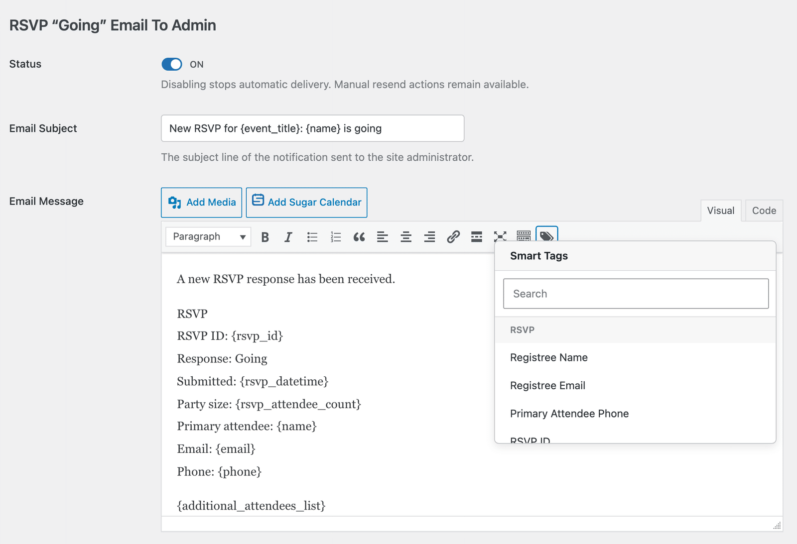 the Smart Tags menu open on the RSVP Going Email To Admin edit screen
