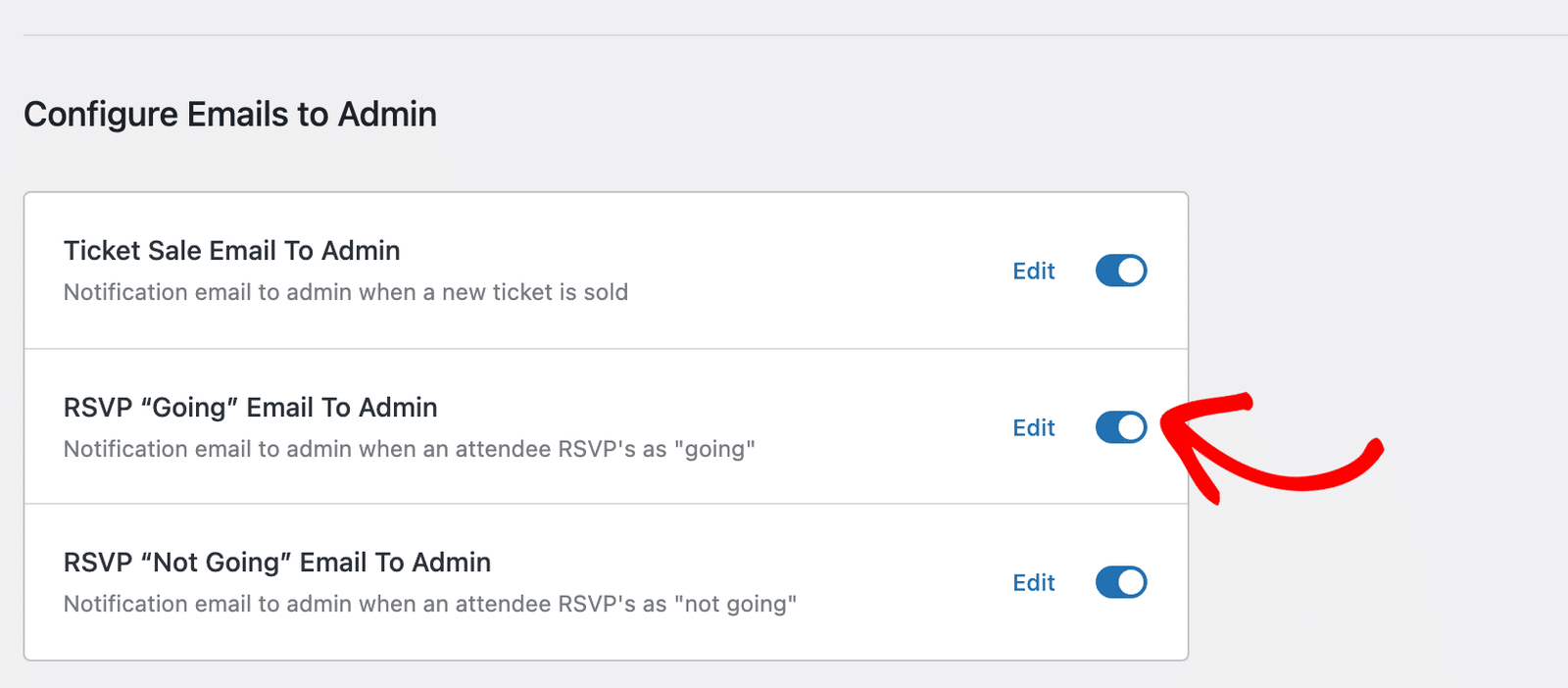 the toggle on the RSVP Going Email To Admin row