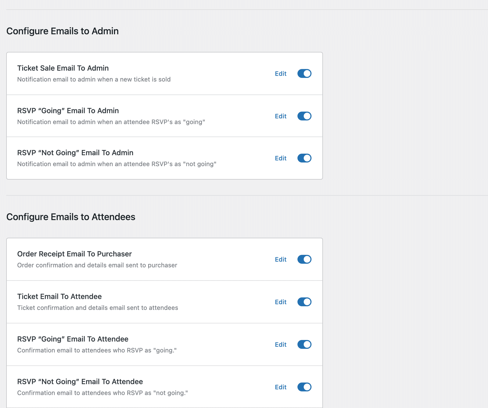 the RSVP emails in the Configure Emails to Admin and Configure Emails to Attendees groups