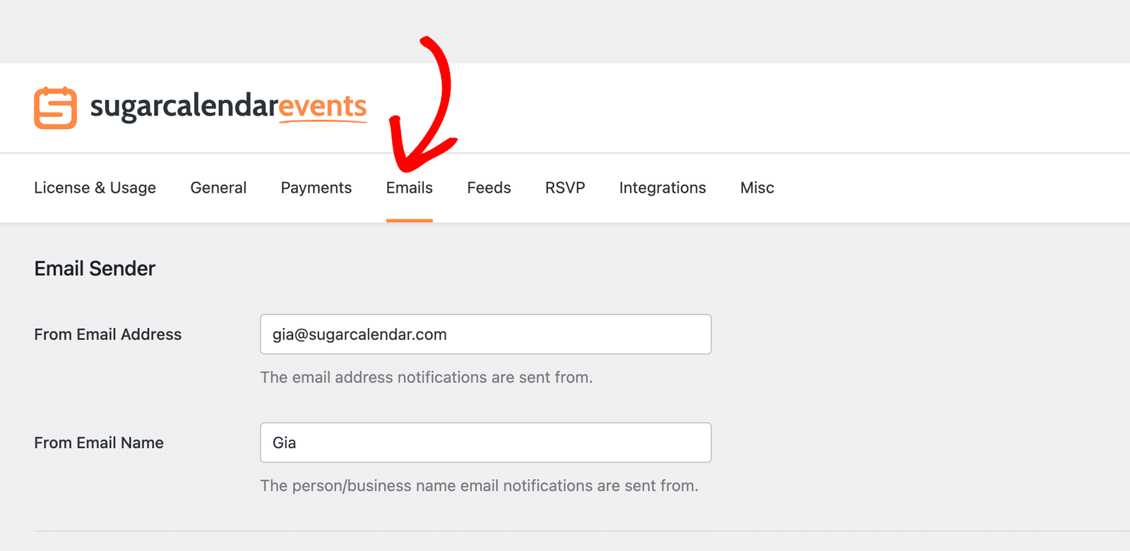 the Emails tab in Sugar Calendar settings
