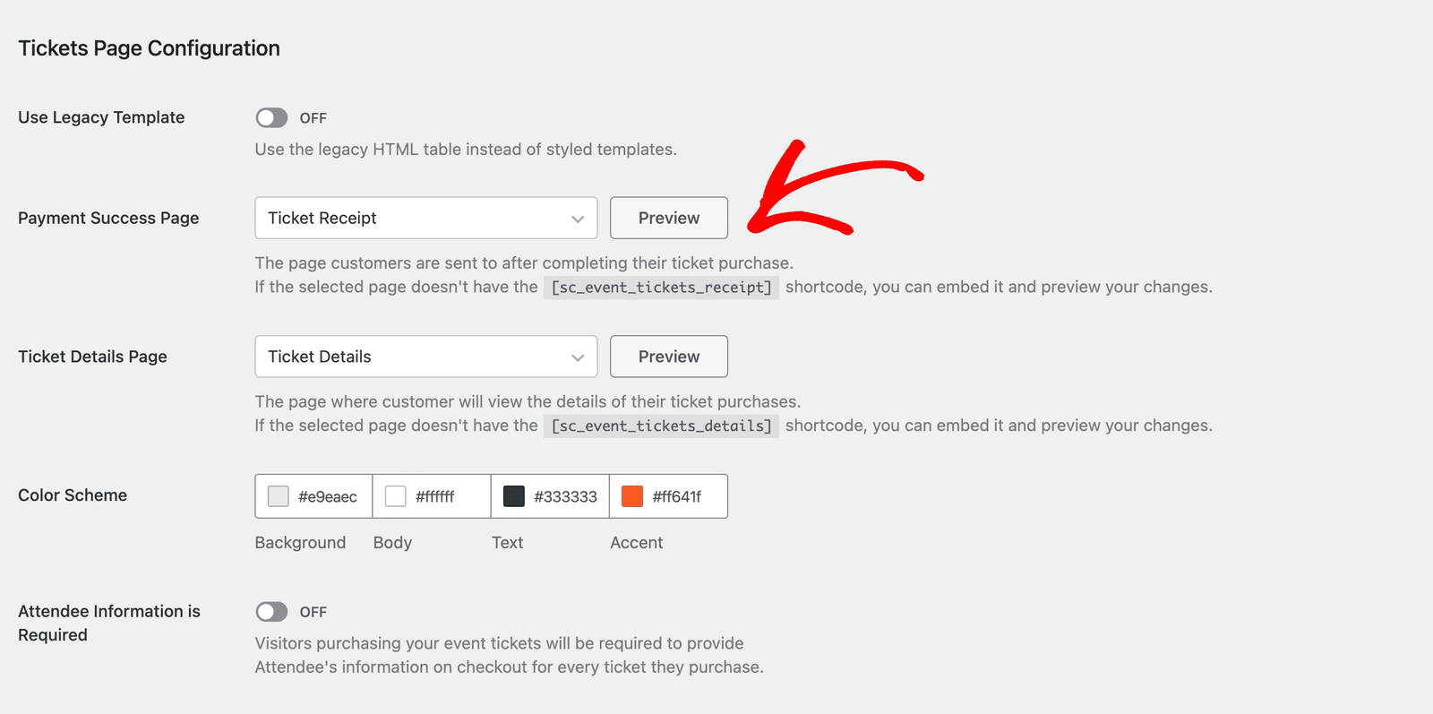 the Preview button next to the Payment Success Page selector