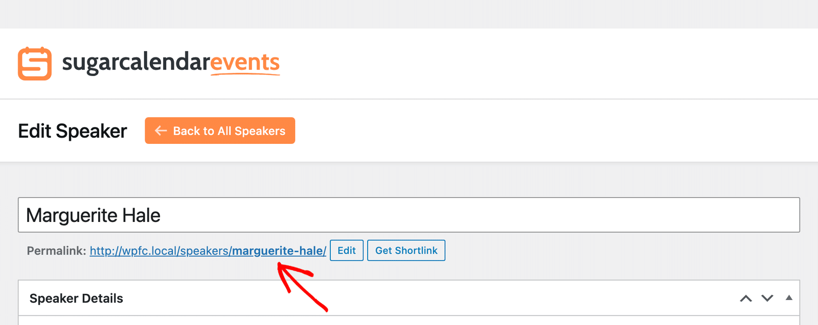 the speaker profile URL shown as the Permalink in the speaker editor
