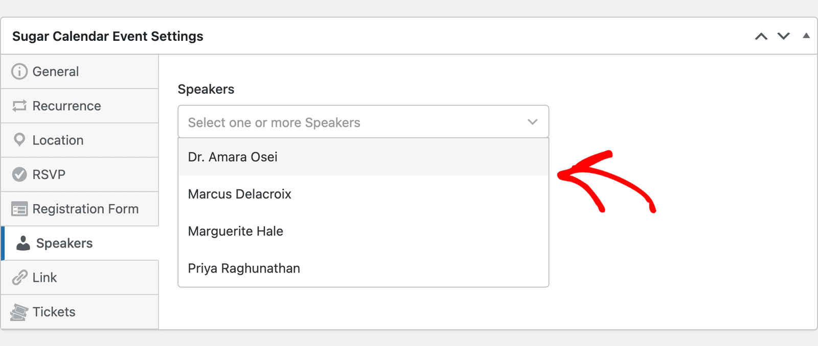 the Speakers dropdown open with the list of speakers