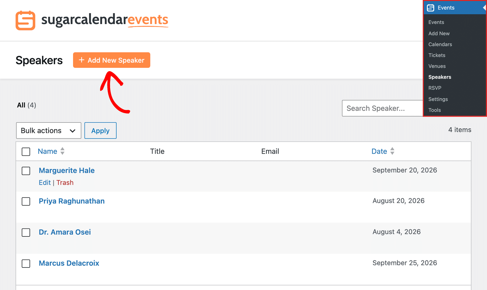 the Add New Speaker button on the Events » Speakers screen