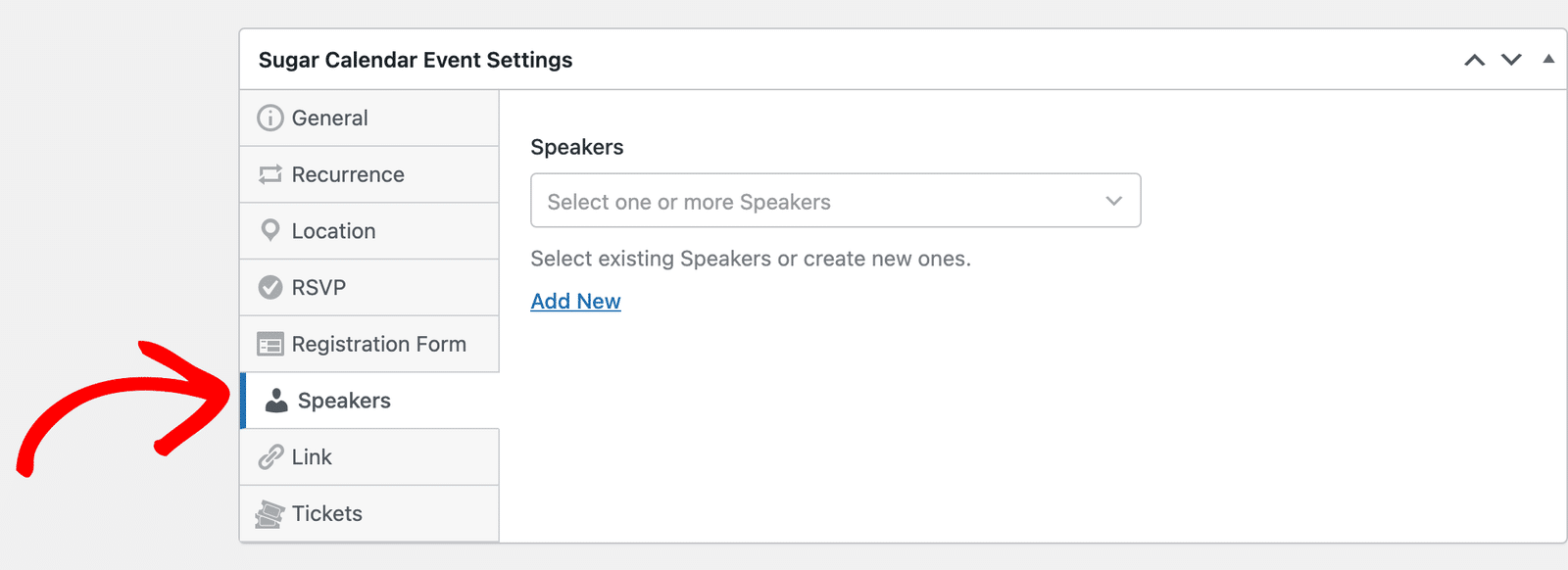 the Speakers tab in the Sugar Calendar Event Settings section