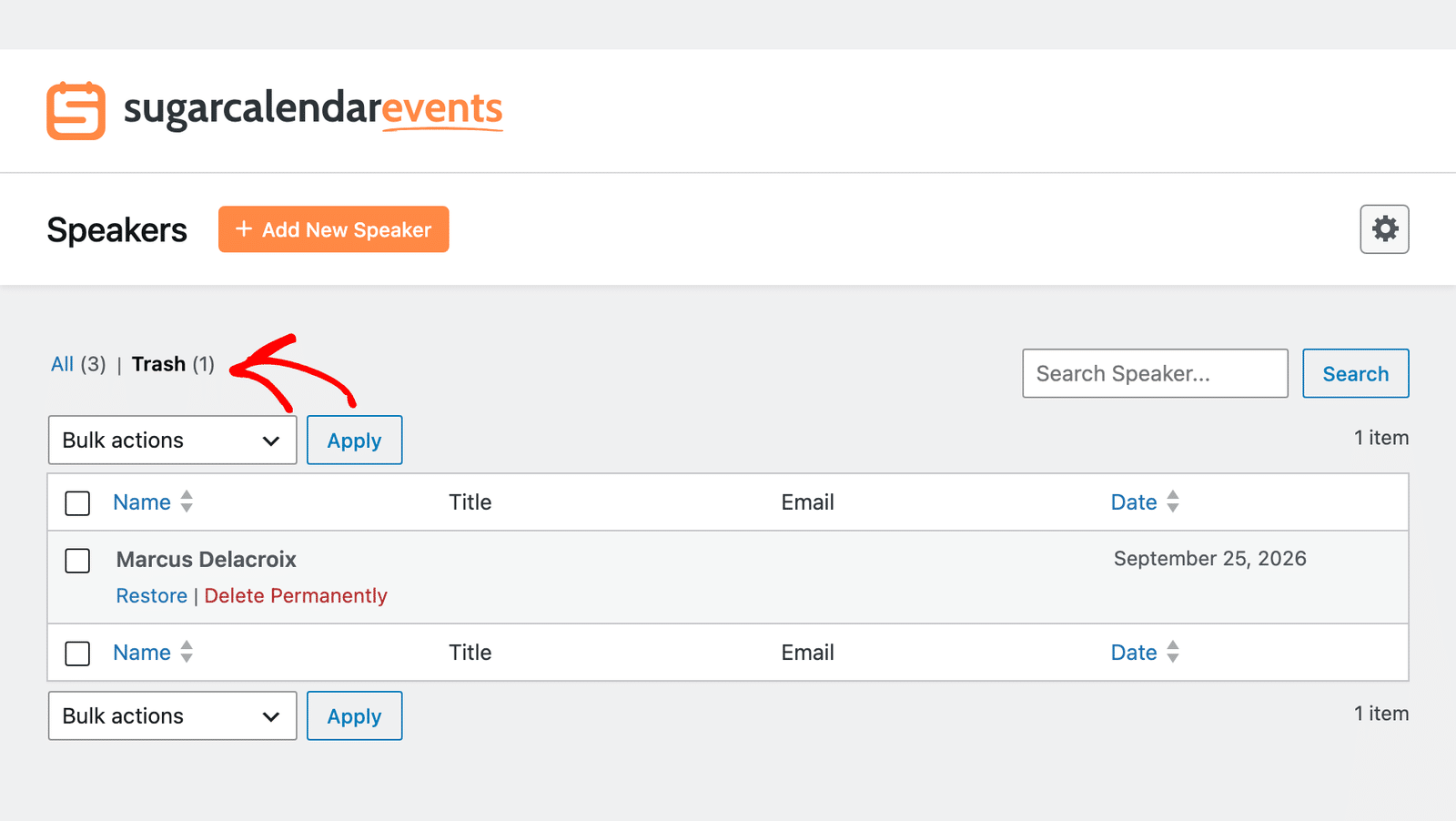 the Trash view with Restore and Delete Permanently links