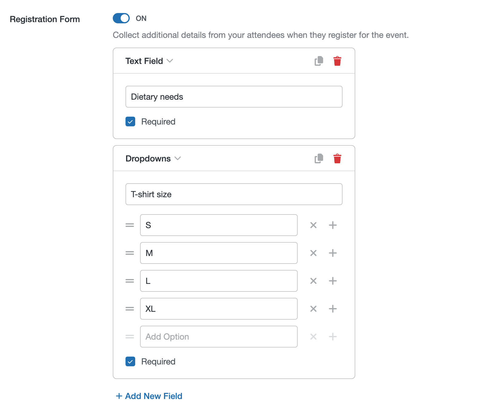 The Registration Form settings switched on, with a required "Dietary needs" text field and a required "T-shirt size" dropdown offering S, M, L and XL.