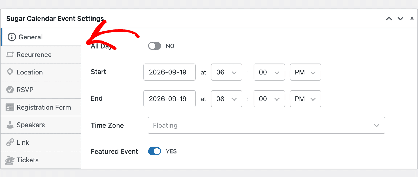 the event editor with the General tab selected in the event settings metabox