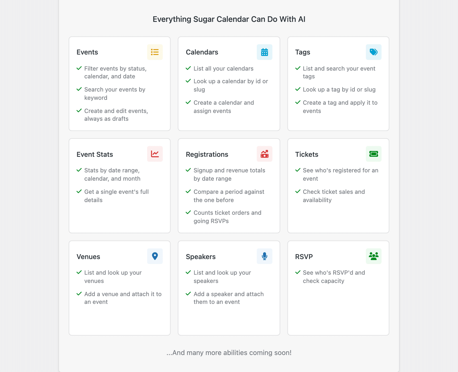 the Everything Sugar Calendar Can Do With AI section showing the Events, Calendars, Tags, Event Stats, Registrations, Tickets, Venues, Speakers, and RSVP cards