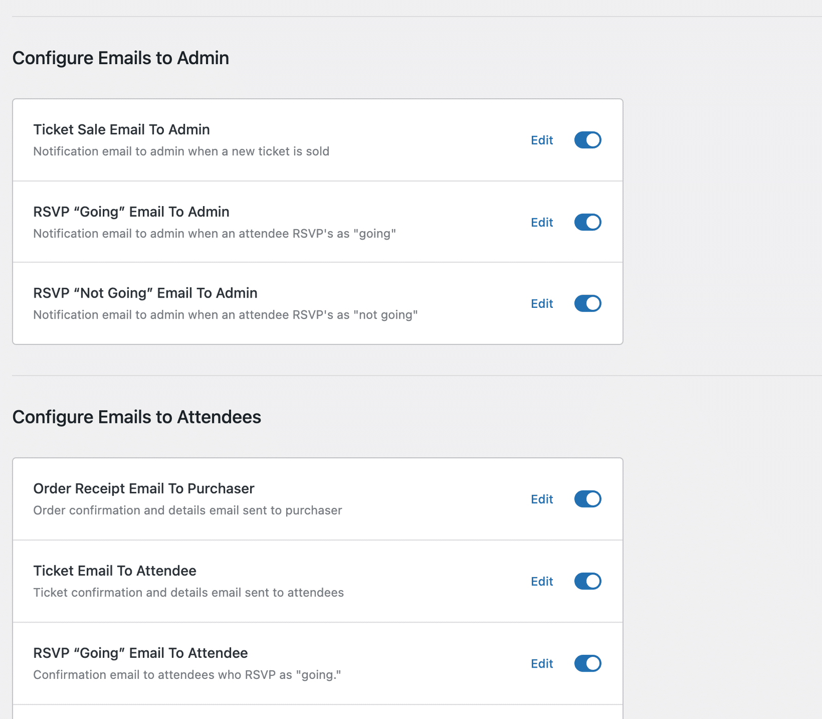 the two email groups on Events » Settings » Emails, showing Configure Emails to Admin above Configure Emails to Attendees