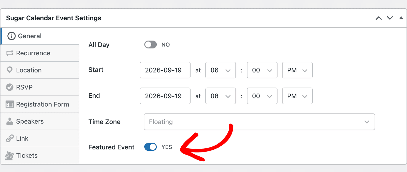the General tab with the Featured Event toggle switched to YES