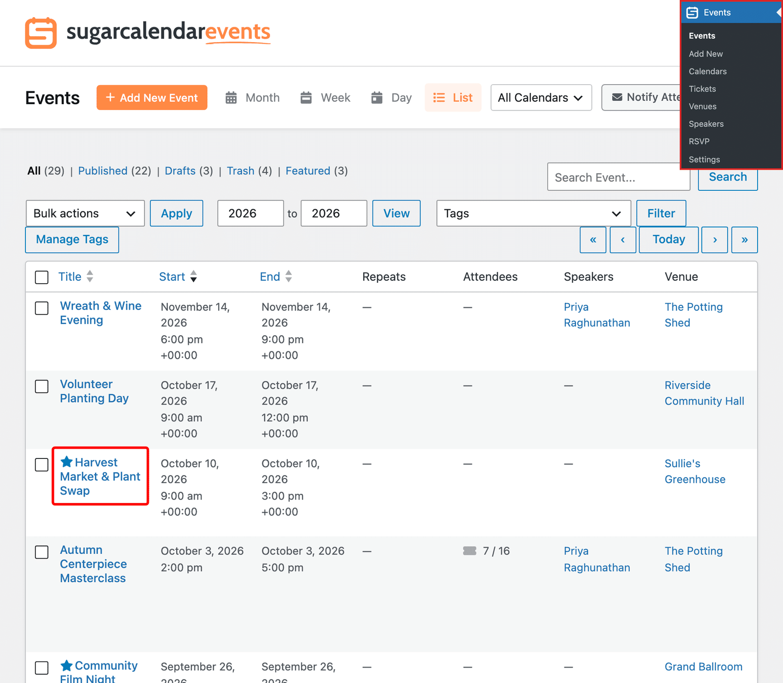 the admin Events list showing a star icon in front of two featured event titles