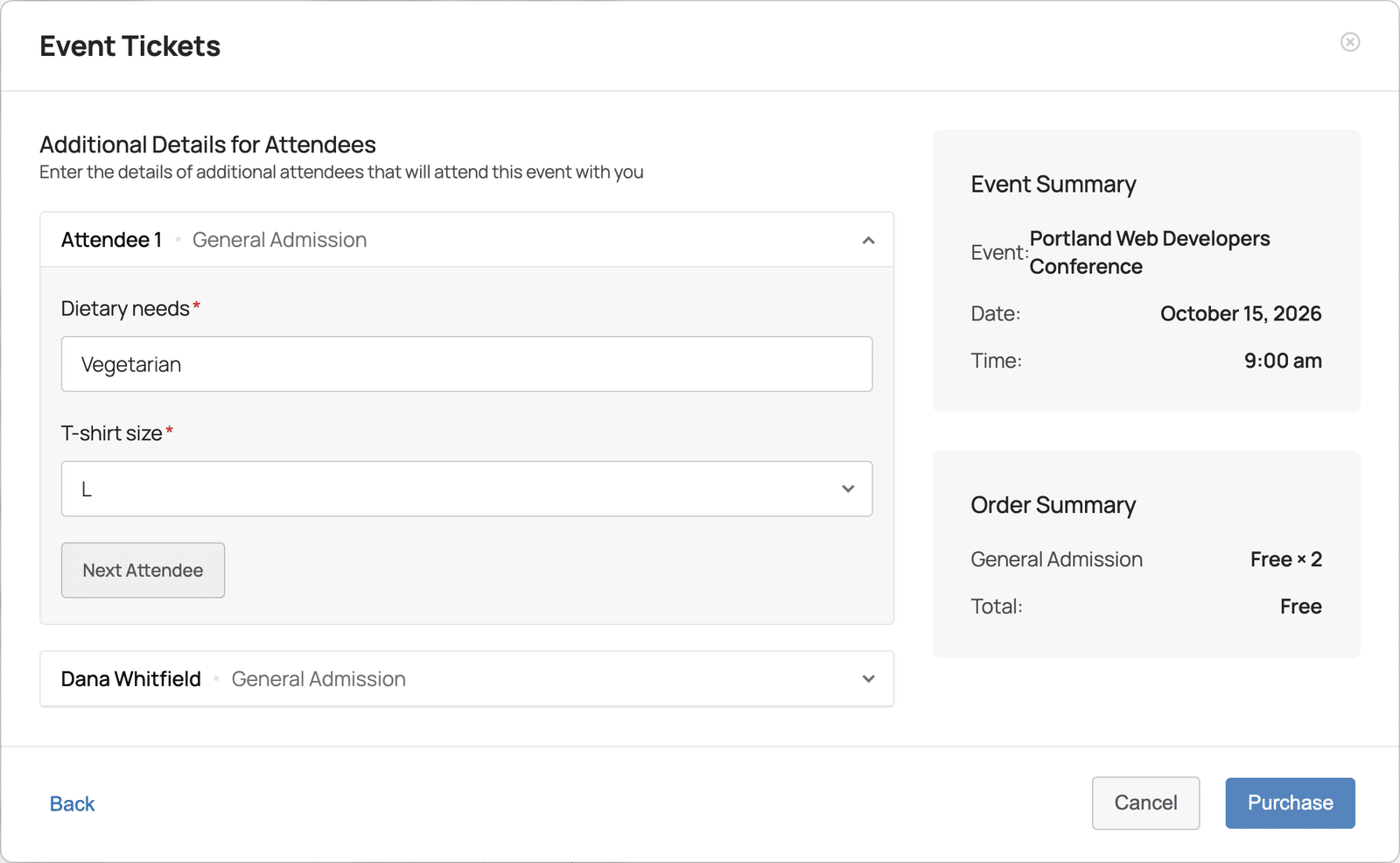 The checkout modal on the registration step for a two-ticket order. The first block, "Attendee 1 - General Admission", is open with Dietary needs set to Vegetarian and T-shirt size set to L; the second, "Dana Whitfield - General Admission", is collapsed below it.