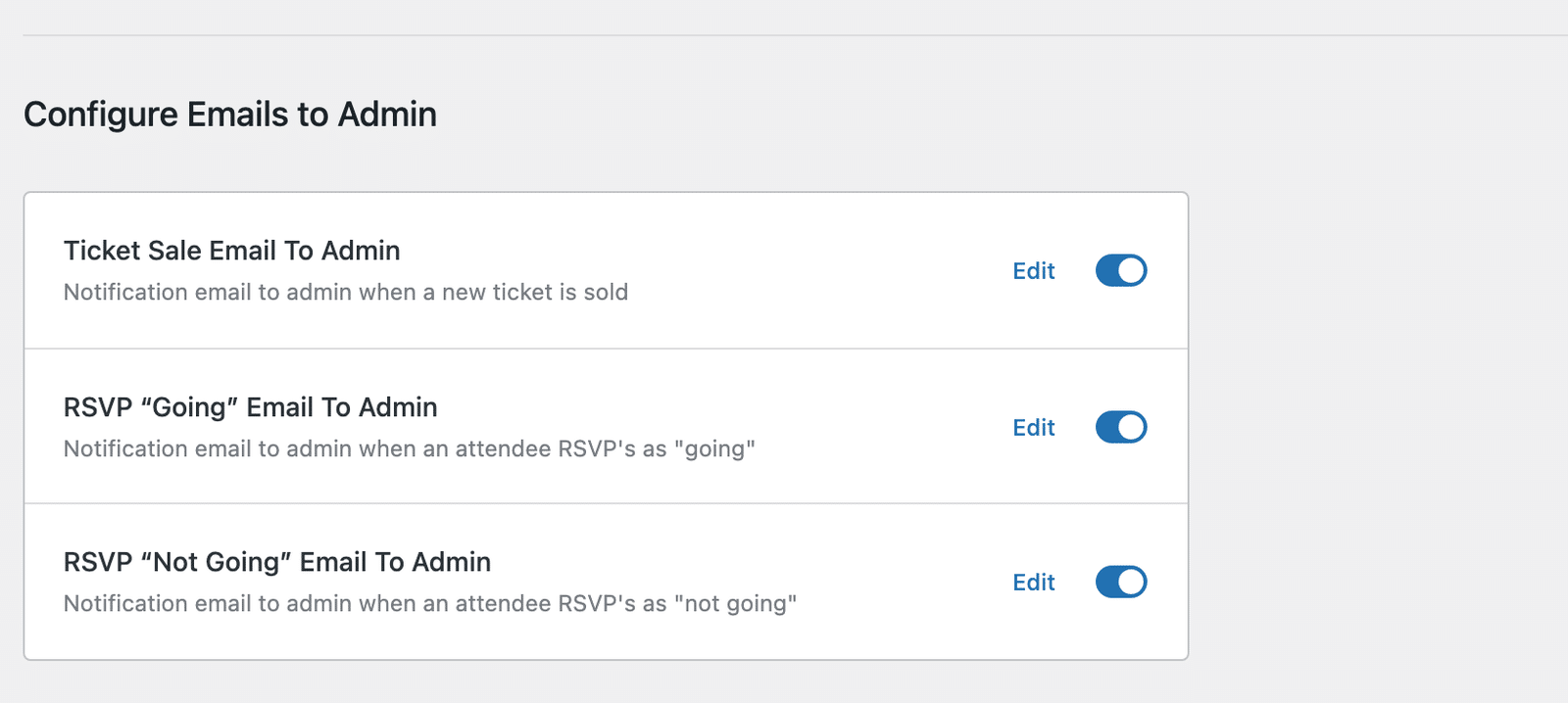 the Configure Emails to Admin group showing the three admin notification rows with their toggles