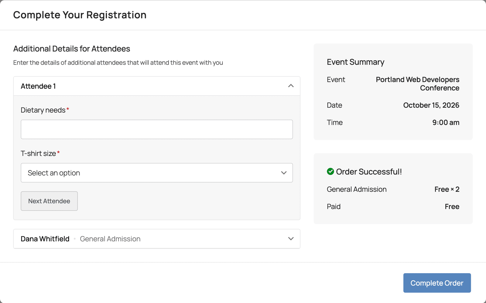 A "Complete Your Registration" panel on the ticket receipt, asking the same two questions after the order has gone through. The panel beside it confirms the order succeeded.