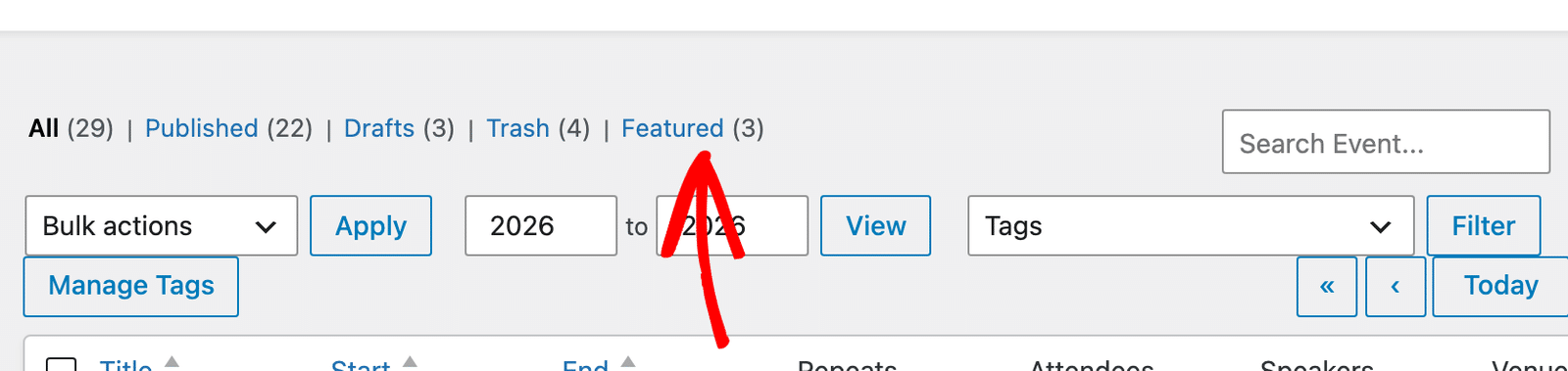 the admin status row above the events calendar with the Featured link and its count