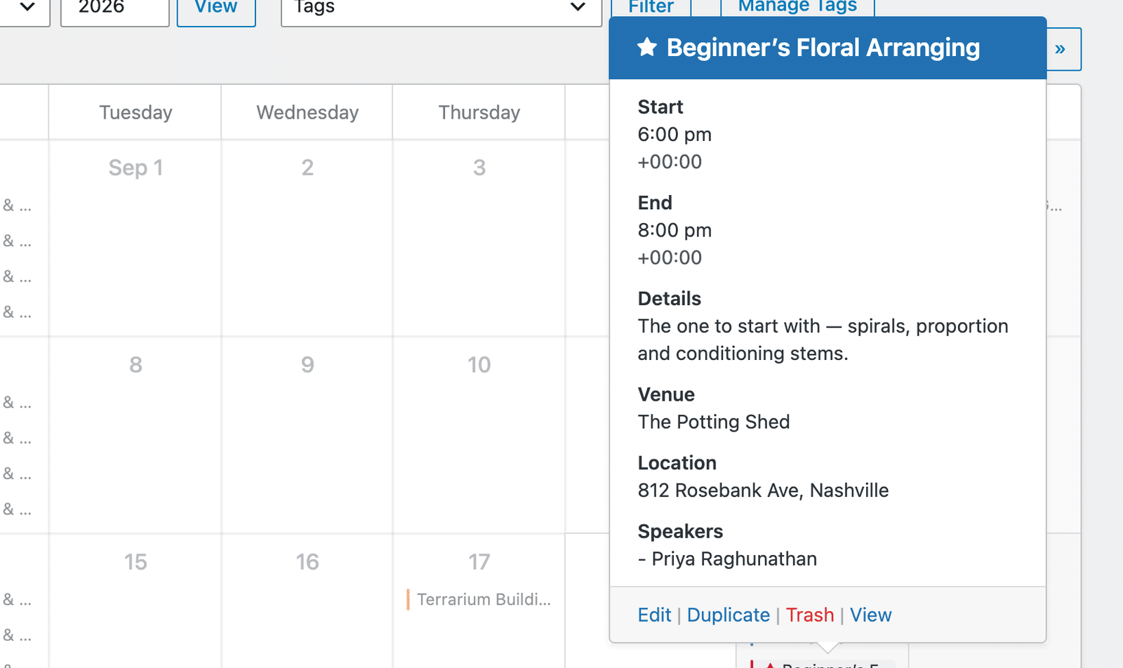 an event details popup in the admin calendar showing the star beside the event title