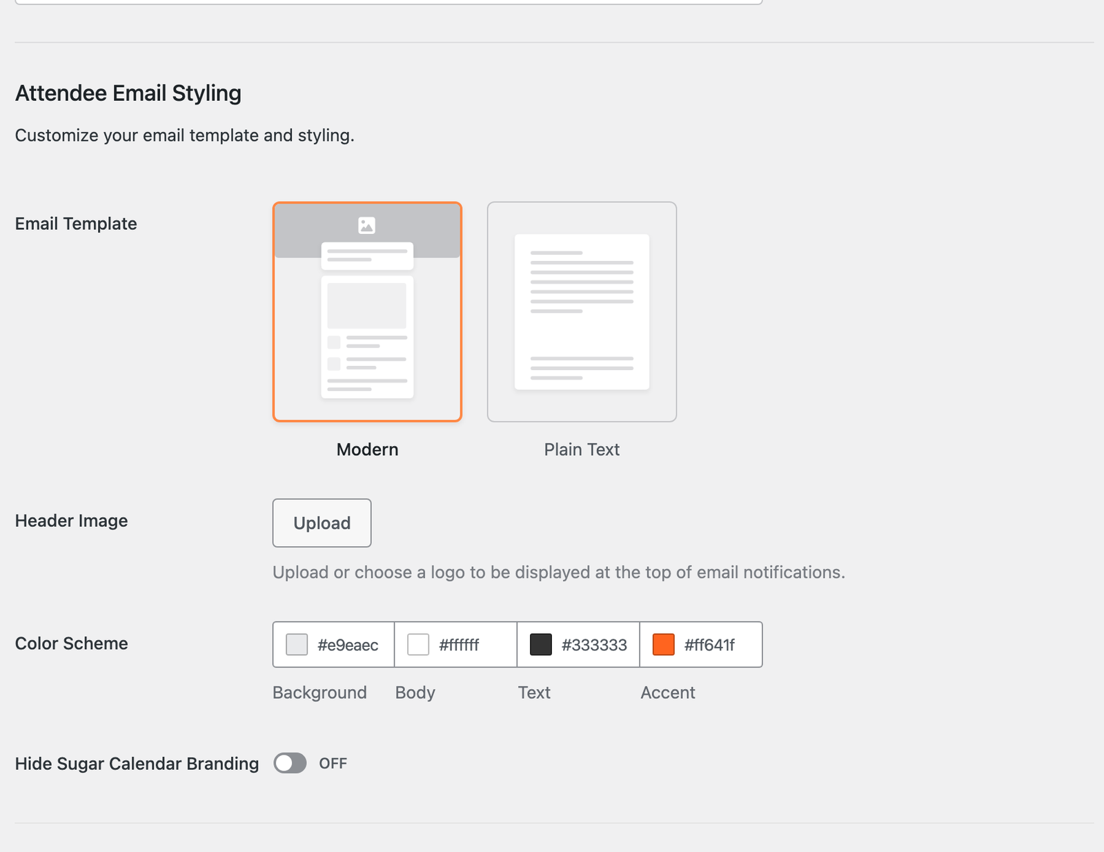 the Attendee Email Styling section on Events » Settings » Emails, showing the Email Template cards, Header Image, Color Scheme, and Hide Sugar Calendar Branding controls
