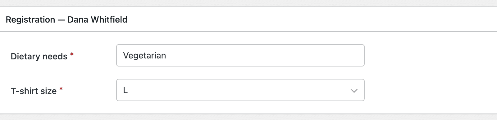 A "Registration - Dana Whitfield" panel on the ticketing order screen showing Dietary needs set to Vegetarian and T-shirt size set to L, both editable.
