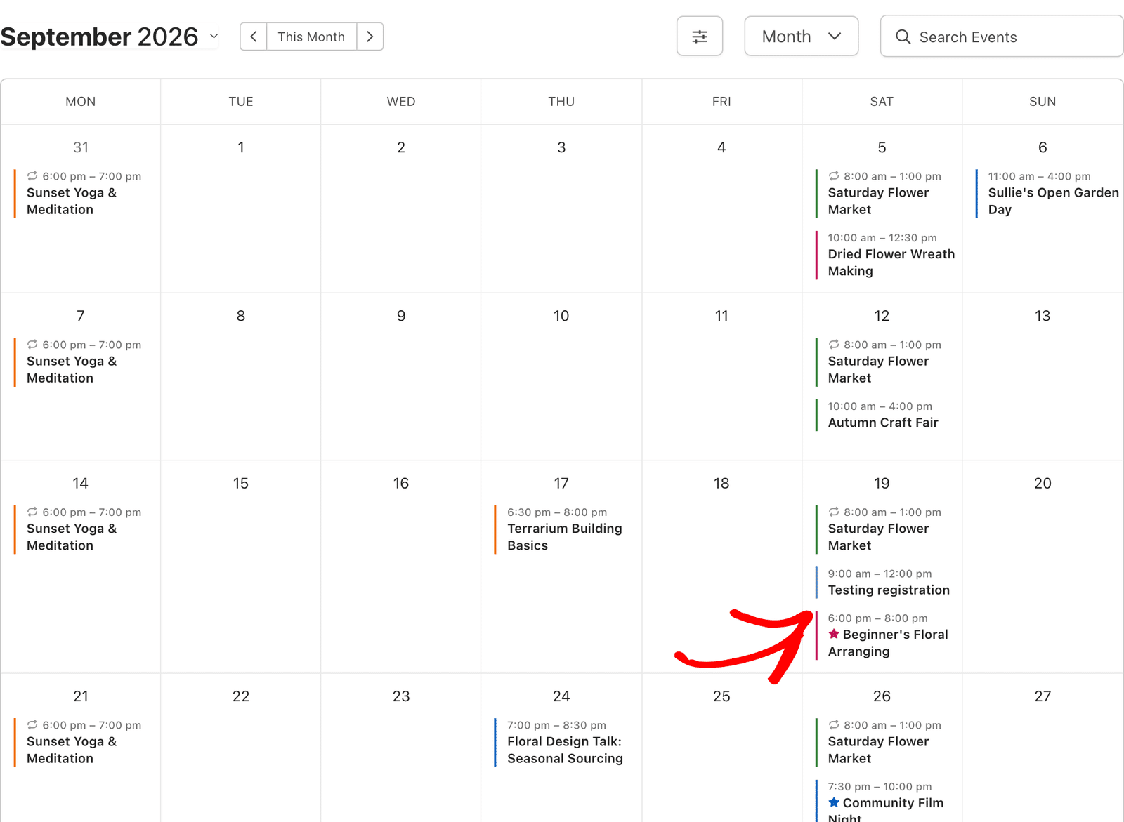 a front-end month view calendar with a star next to a featured event title