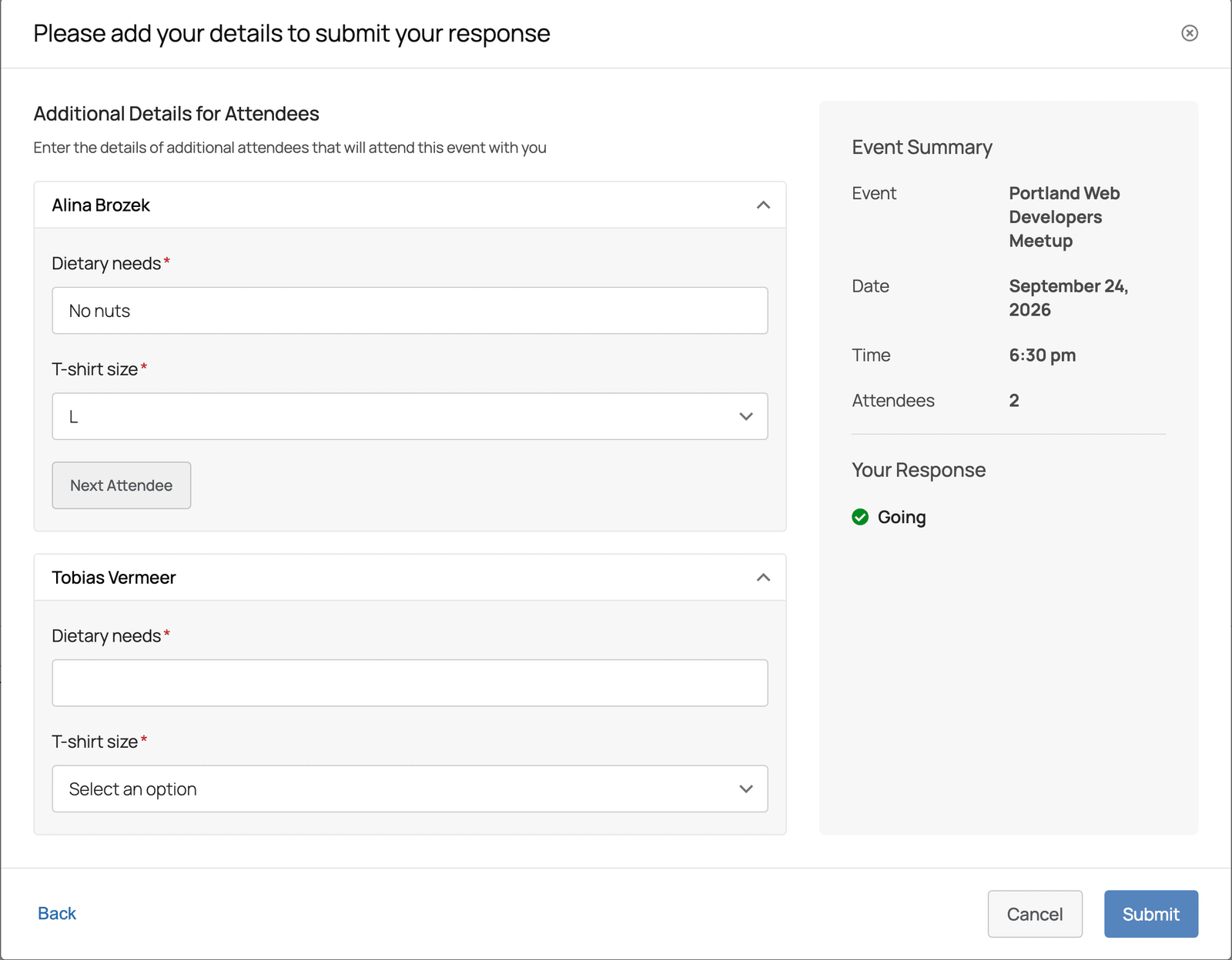 The RSVP modal on its registration step, with a block for Alina Brozek answered and a block for her guest Tobias Vermeer still blank, and the sidebar showing a party of two, response Going.