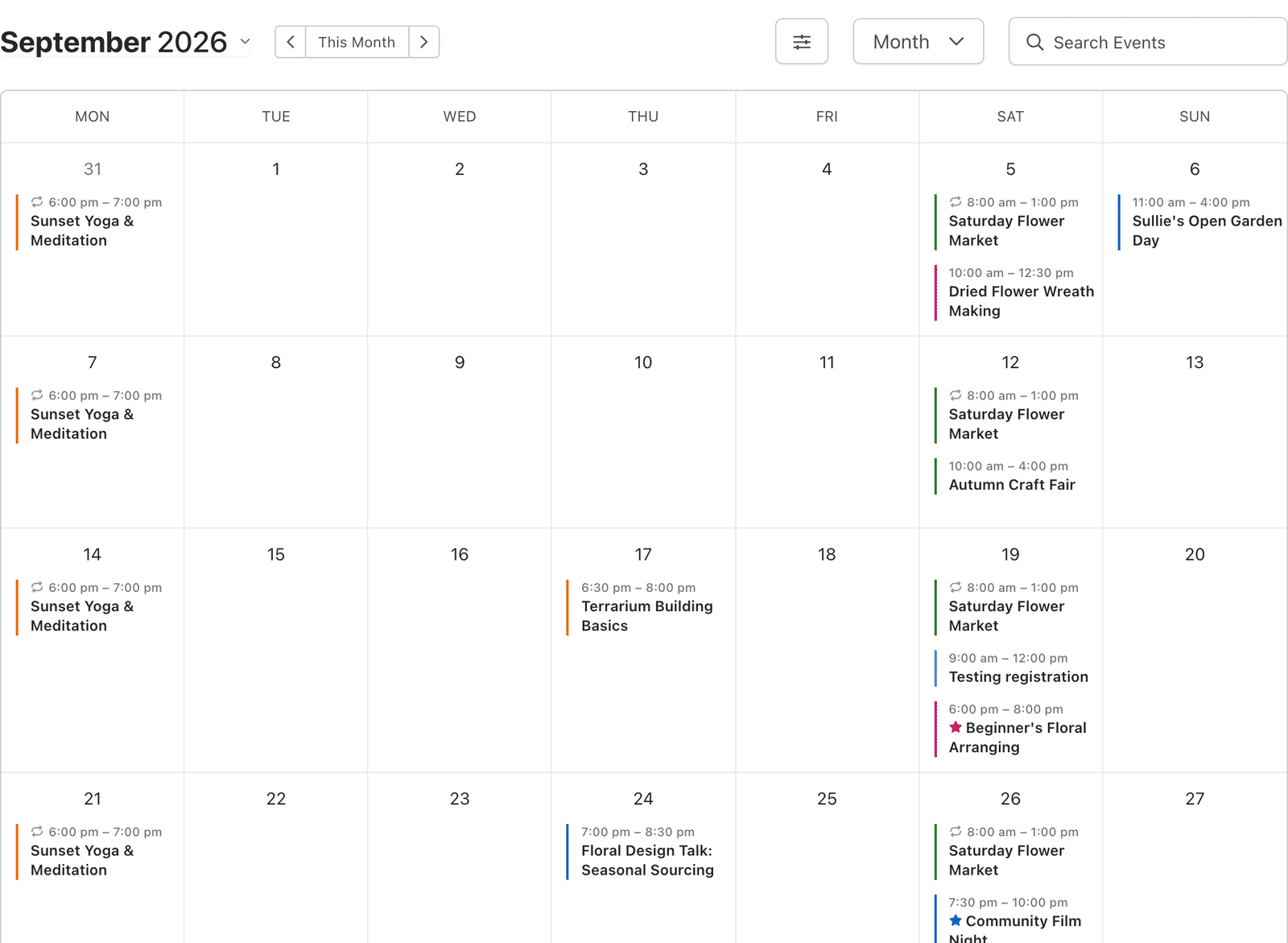 a front-end month view calendar showing two featured events whose stars match their different calendar colors