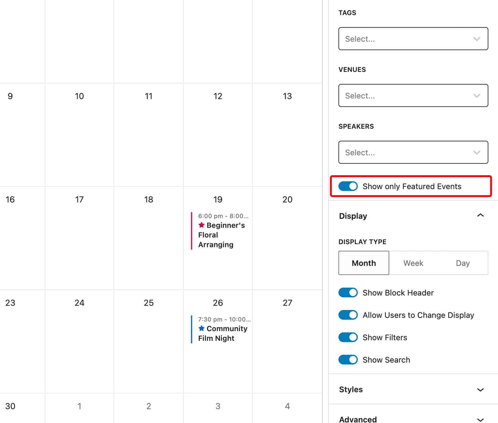 the Settings panel in the Sugar Calendar block sidebar with the Show only Featured Events toggle switched on
