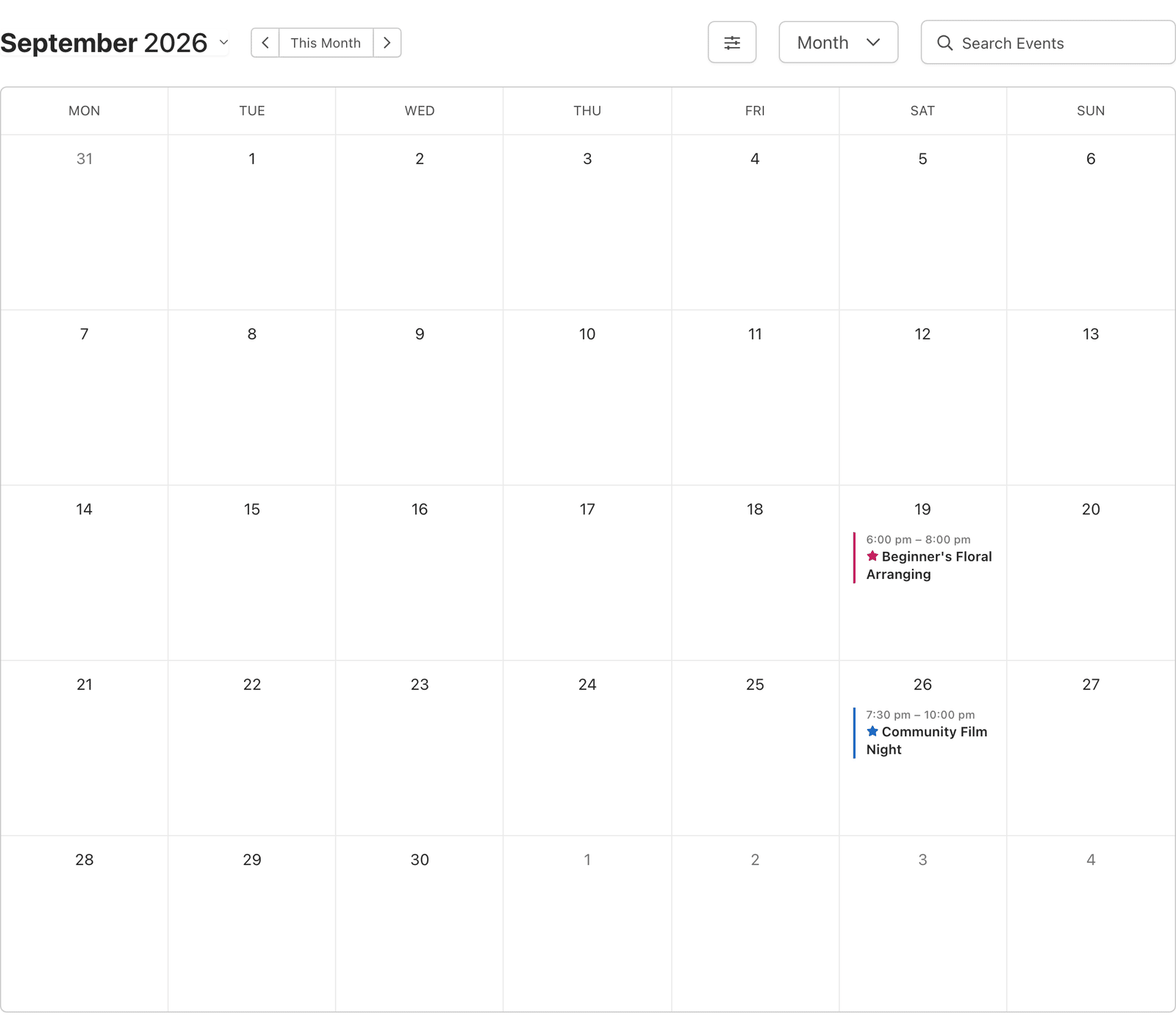 a front-end calendar block with Show only Featured Events enabled, displaying just the featured events