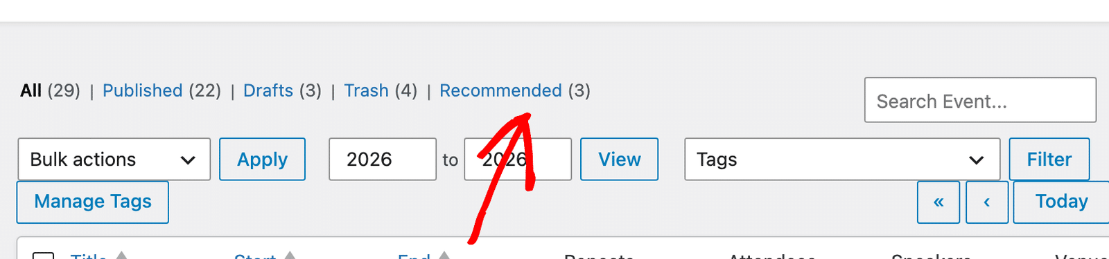 the admin status row showing the renamed Recommended filter link after adding the snippet