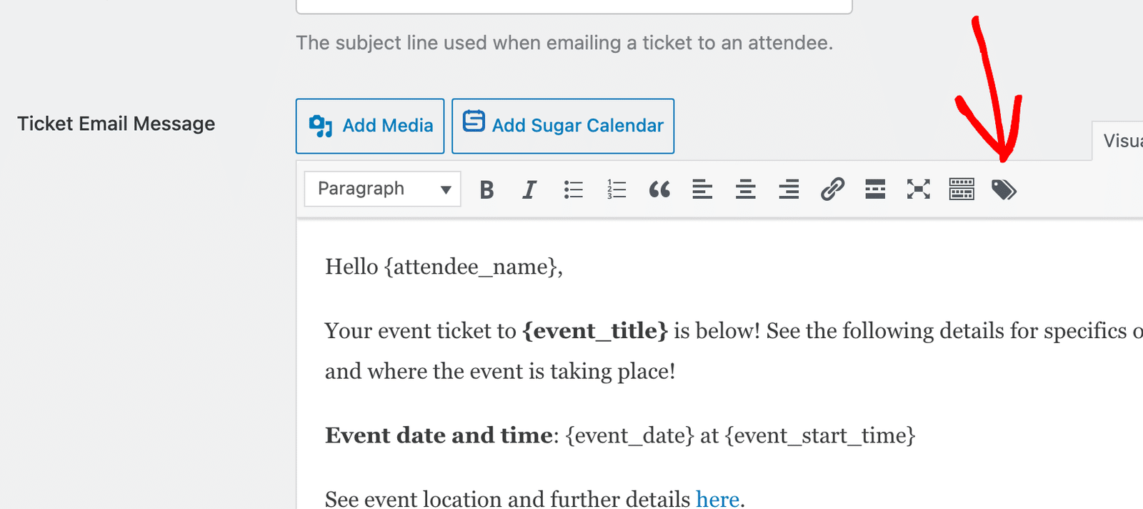 the Smart Tags icon at the right end of the Message editor toolbar