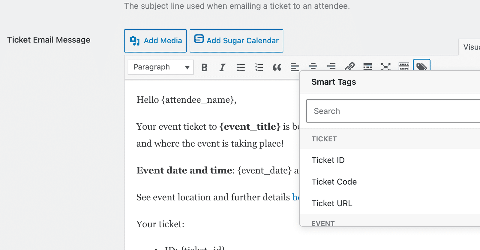the Smart Tags dropdown open below the editor toolbar, showing the Search box and the grouped tag list