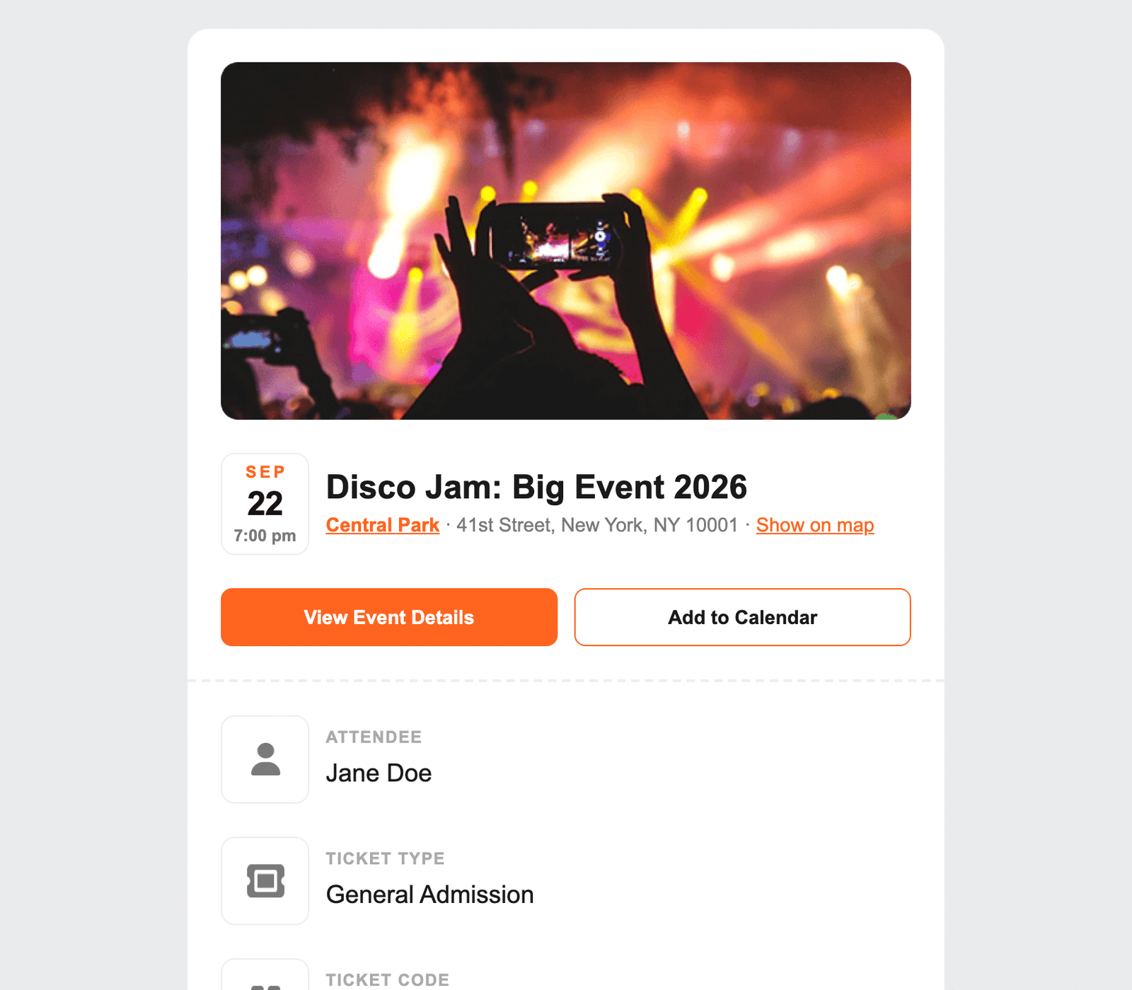 an email preview open in a browser tab showing the Modern template, with the event card, the date block, the action buttons, and the ticket details