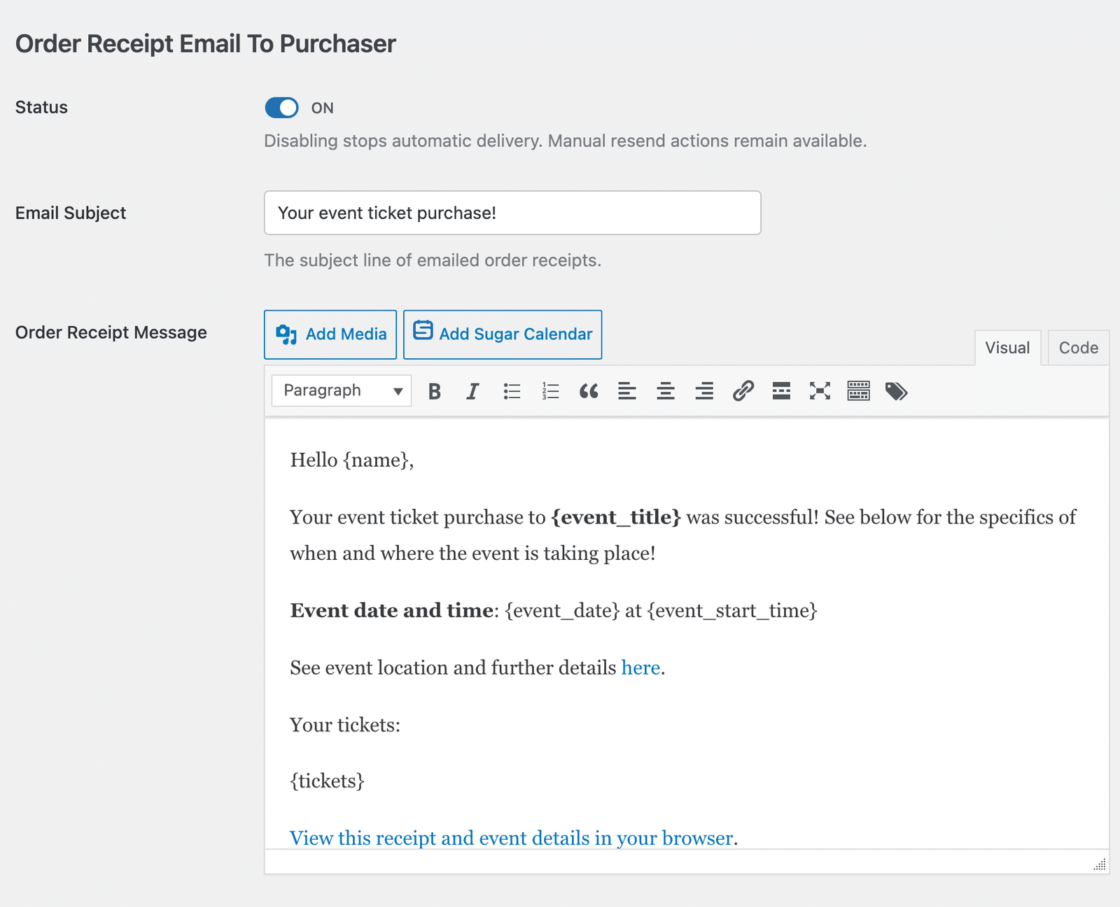 the Order Receipt Email To Purchaser edit screen showing the Subject field, Message editor, Smart Tags button, and Preview button