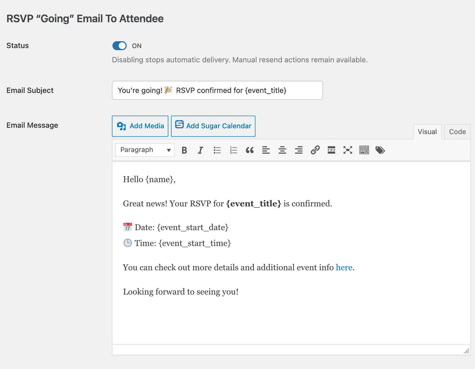 the RSVP Going Email To Attendee edit screen showing the Subject field, Message editor, and Smart Tags button