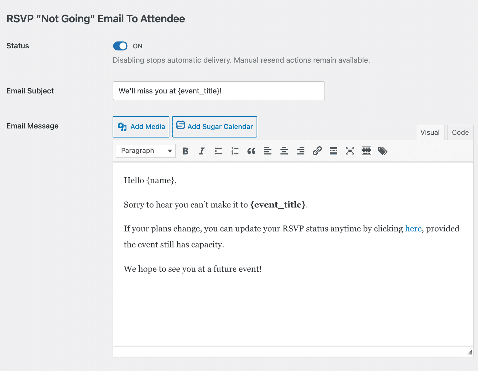 the RSVP Not Going Email To Attendee edit screen showing the Subject field, Message editor, and Smart Tags button