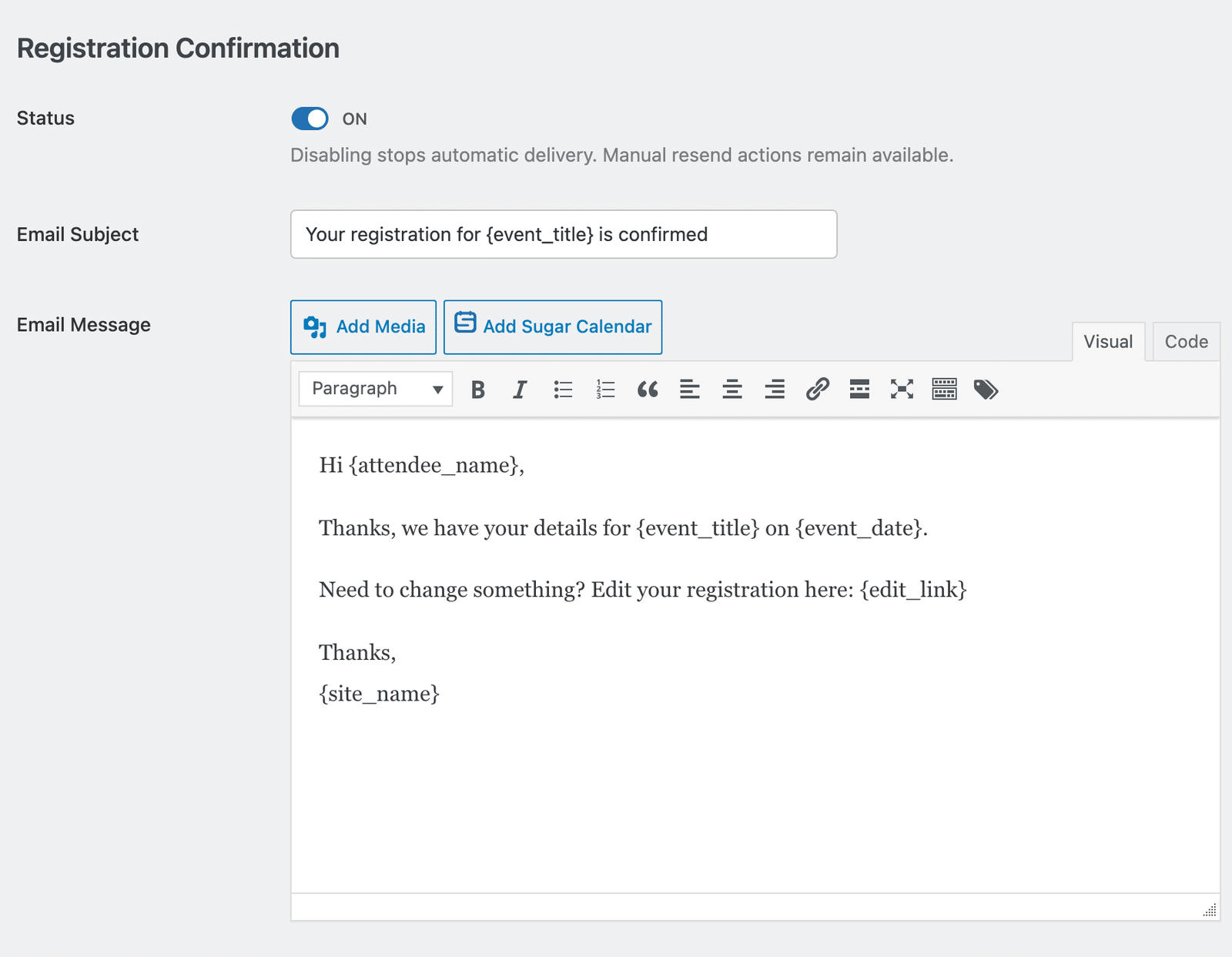 the Registration Confirmation edit screen showing the Subject field, Message editor, and Smart Tags button