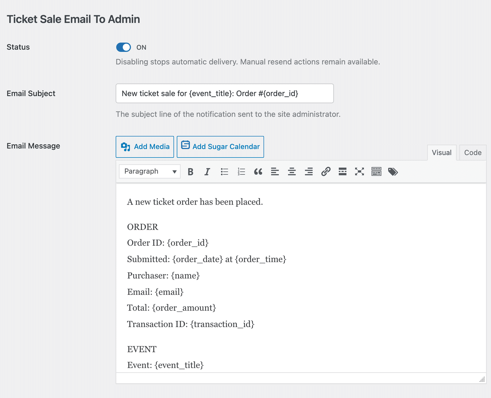the Ticket Sale Email To Admin edit screen showing its Subject and Message fields