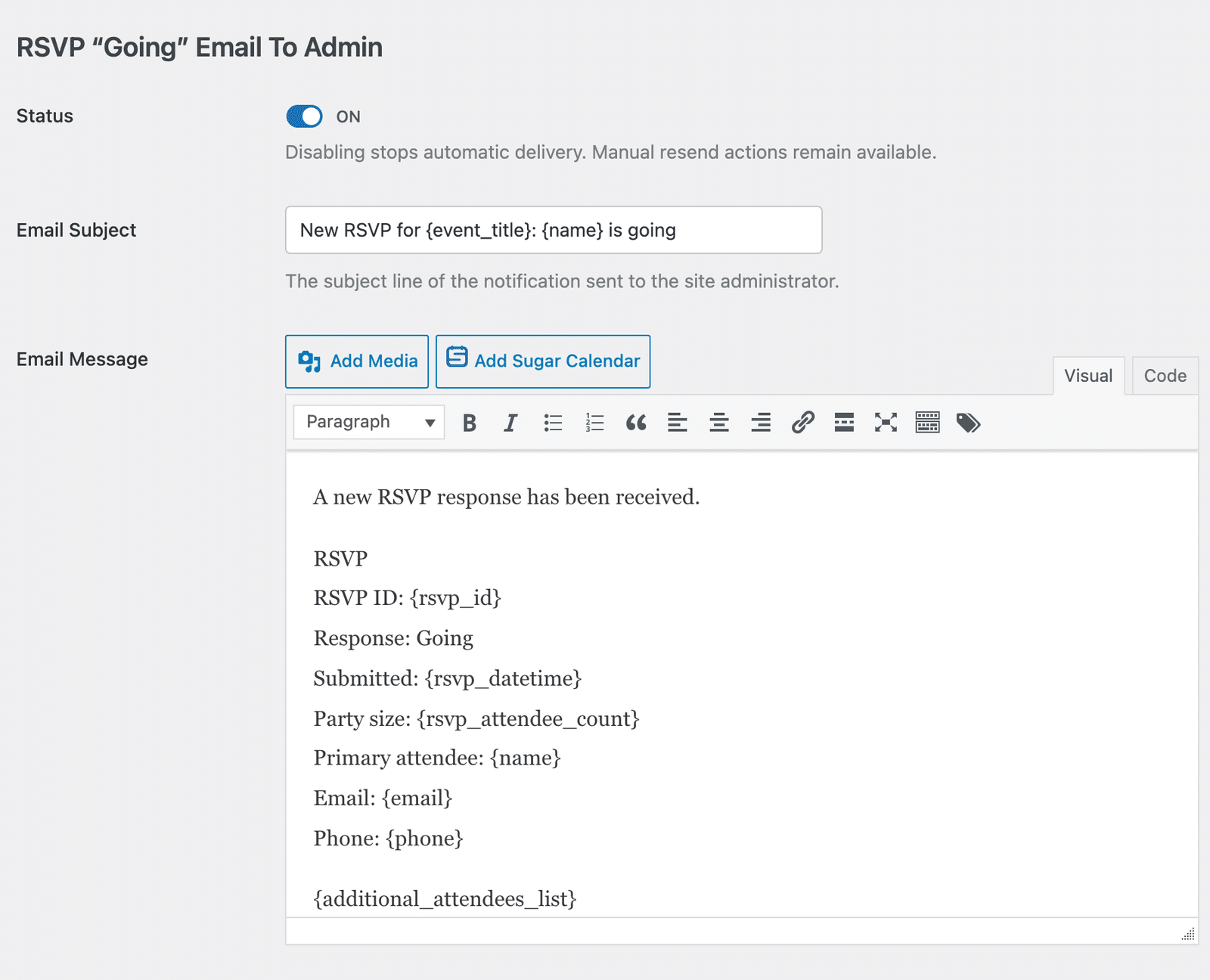 the RSVP Going Email To Admin edit screen showing its Subject and Message fields