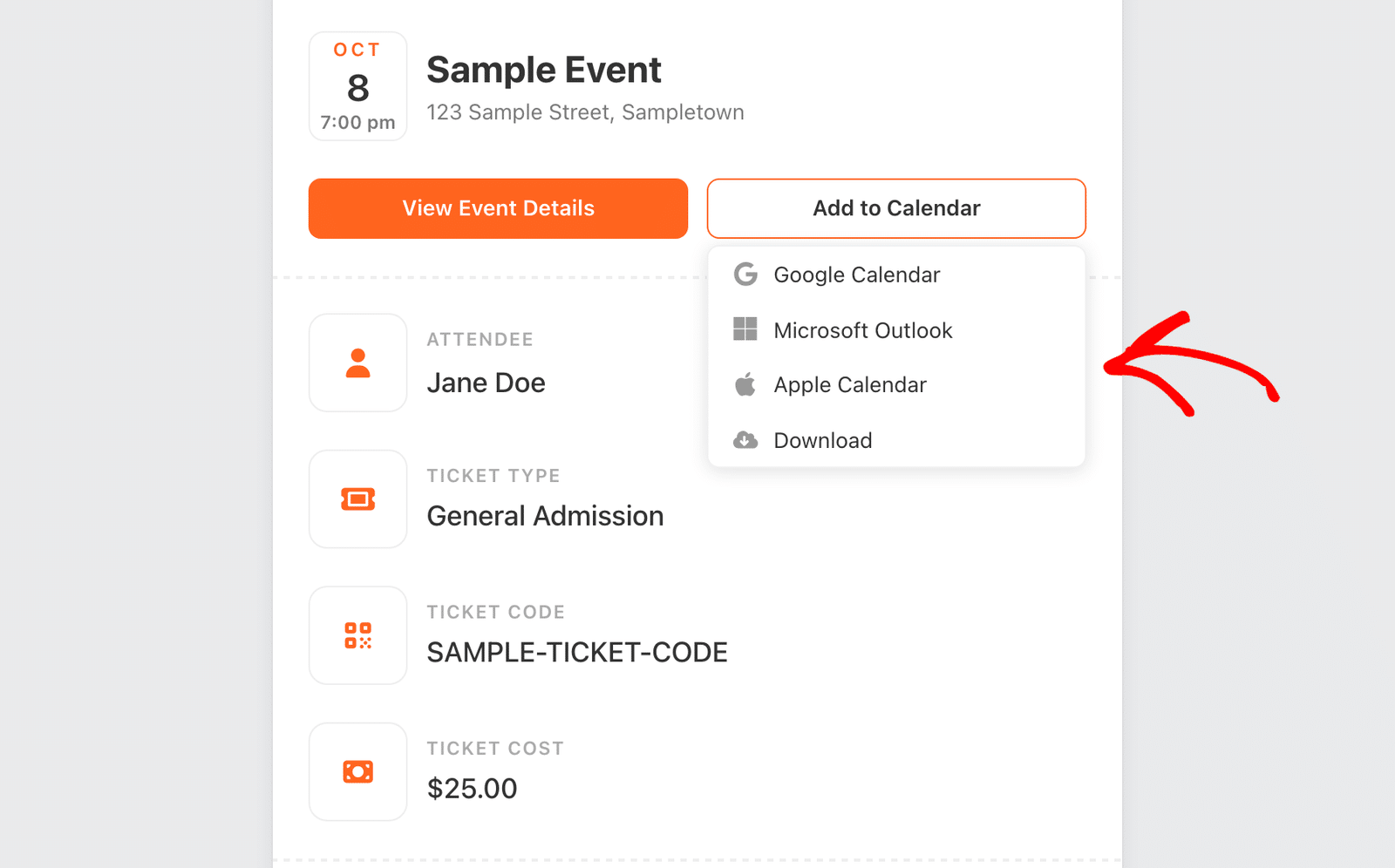 the Add to Calendar menu open on the Ticket Details page