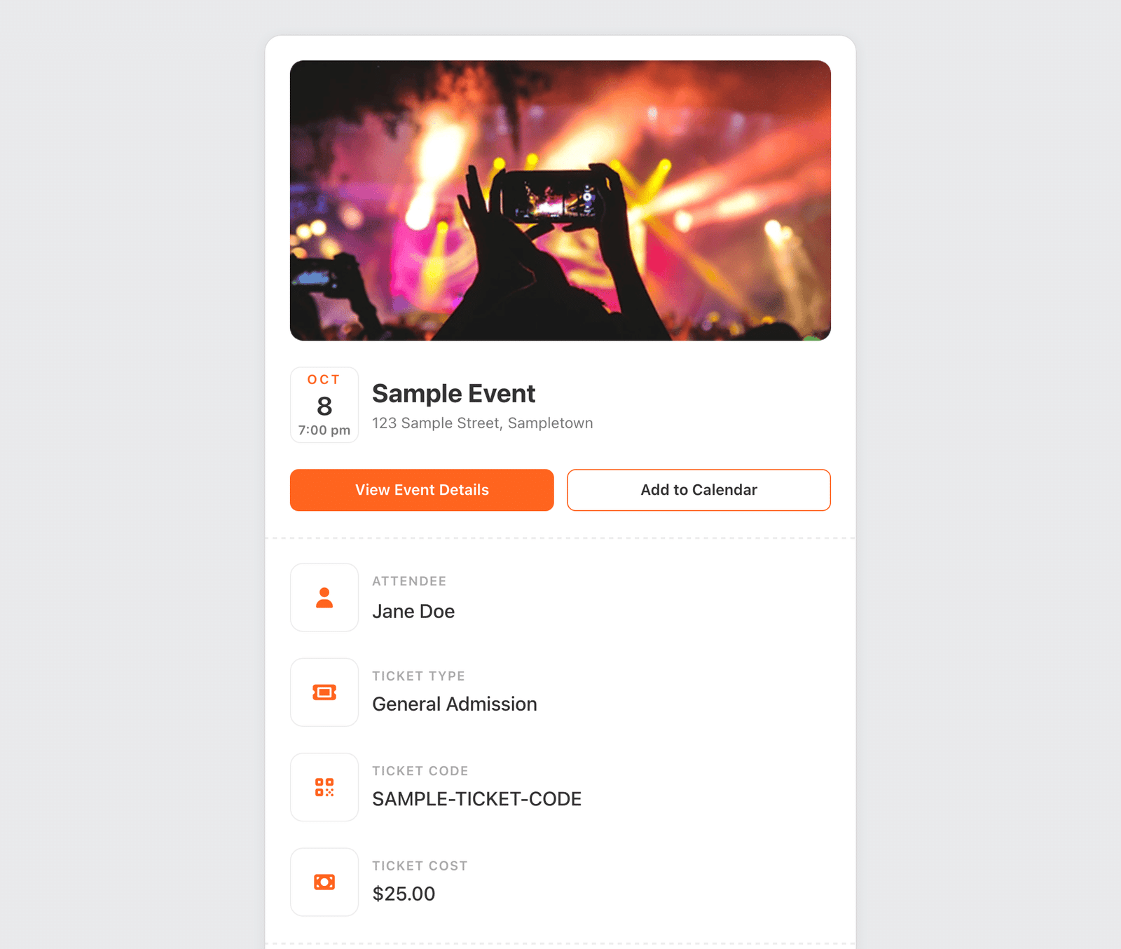 the Ticket Details page showing the event information and ticket details