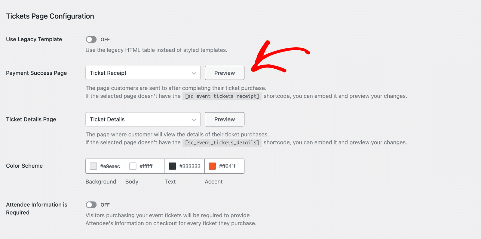 the Preview button next to the Payment Success Page dropdown