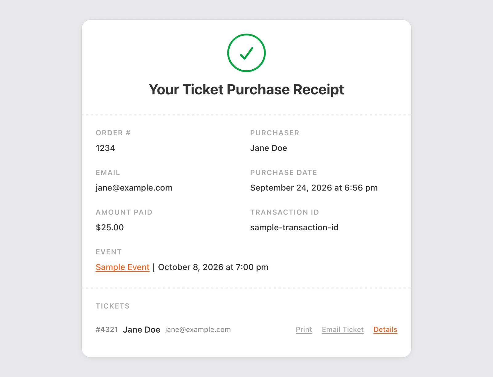 the Ticket Receipt page showing the order details, the event, and the ticket list