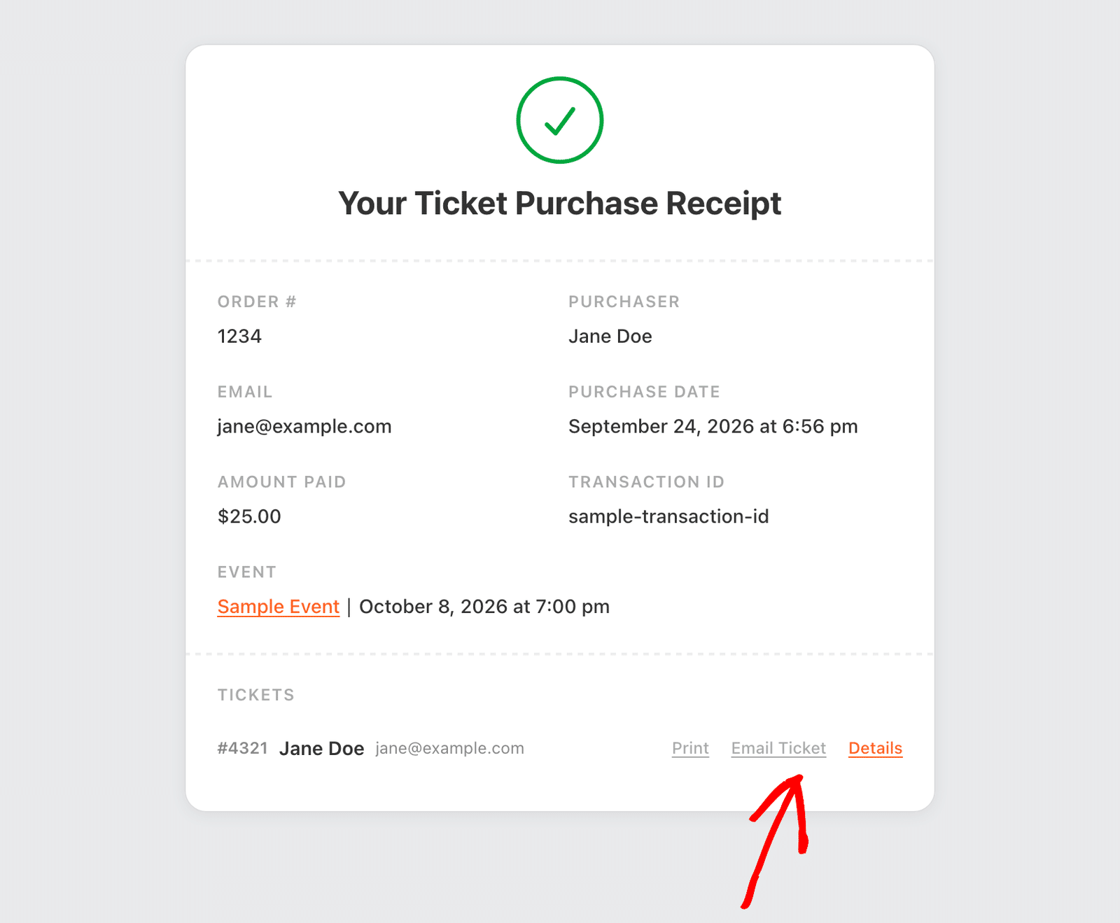 the Print, Email Ticket, and Details actions on a ticket row