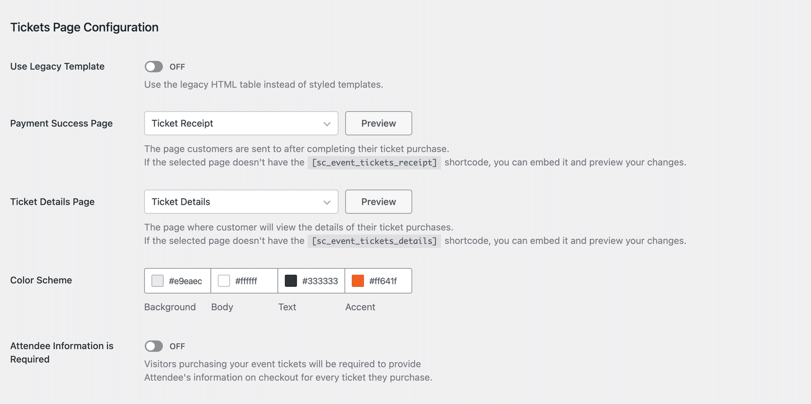 the Tickets Page Configuration section in the Payments tab