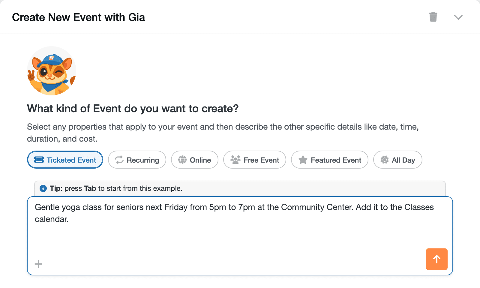 The Create New Event with Gia screen, with the Ticketed Event type selected and a one-sentence description of a yoga class typed into the box.