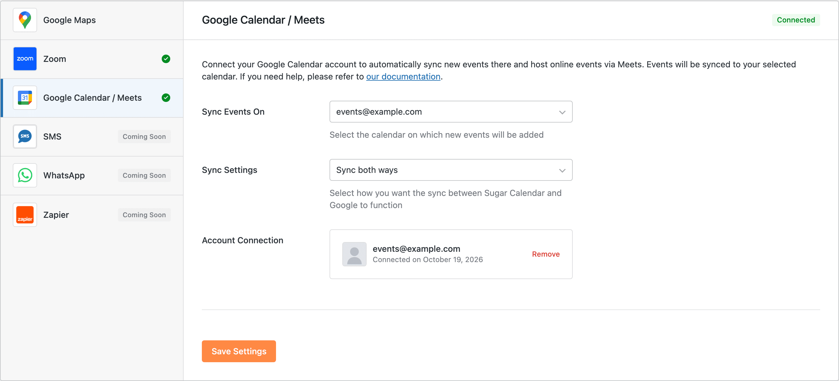 The Google Calendar / Meets settings: Sync Events On, Sync Settings set to Sync both ways, the connected Google account, and the Save Settings button.